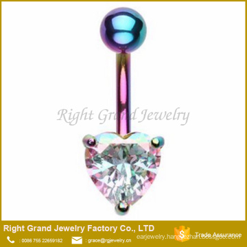 Heart Prong Set Cubic Zircon Surgical Steel Rainbow Plated Belly Button Ring